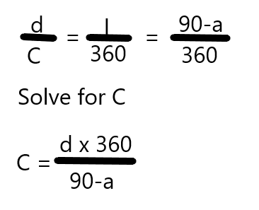 The derivation of the equation for the Earth's circumference.  It starts with teh equivalence of the two ratios d/C and l/360.  Uses the fact that l = 90 - a and solves for C.  You end up with C=(360xd/(90-a).
